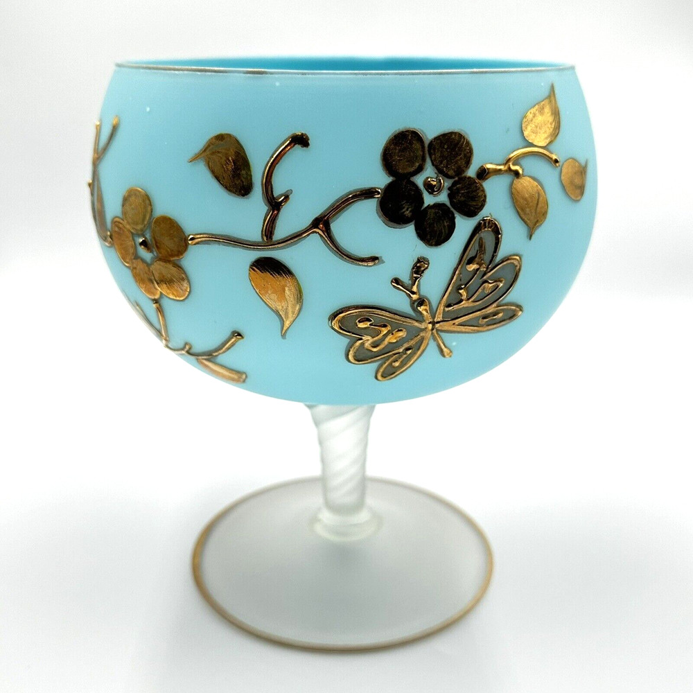 Vintage Pedestal Vase Blue Satin Frosted Hand Painted Gold Flowers Butterfly